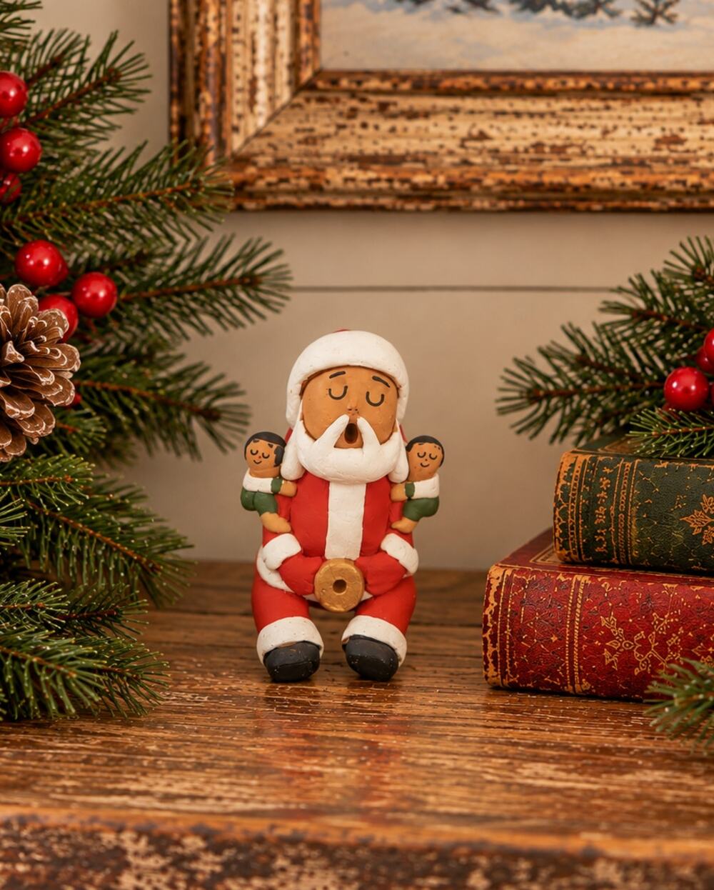 Southwest Pueblo Storyteller Santa Kids Pottery Figurine Hand Painted - Ramey 97